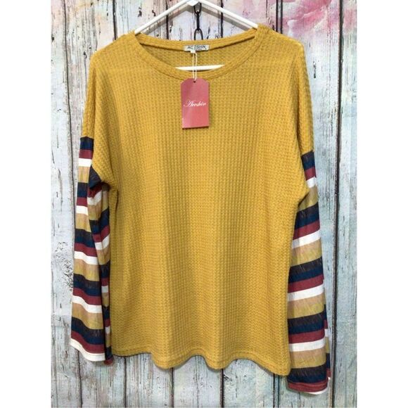 NWT Aceshin Gold Waffle Pattern Top with Colorful Sleeves Size Small ❤️💕 - Picture 4 of 13